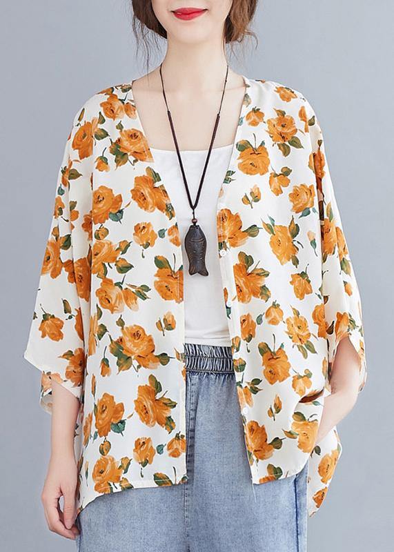 Simple Yellow Print Top V Neck Batwing Sleeve Blouses