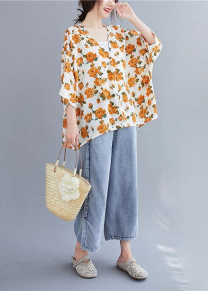 Simple Yellow Print Top V Neck Batwing Sleeve Blouses