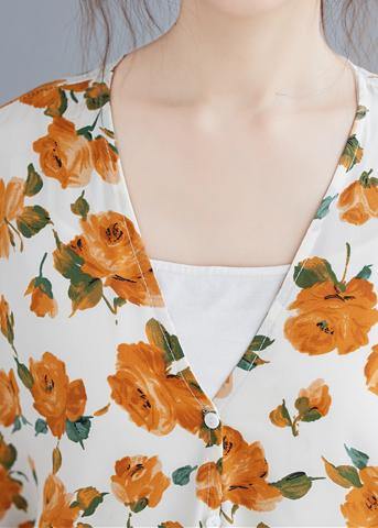 Simple Yellow Print Top V Neck Batwing Sleeve Blouses