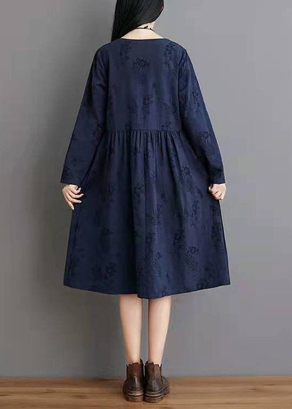 Simple Linen Clothes Jacquard Pleat Blue Linen Loose Dress
