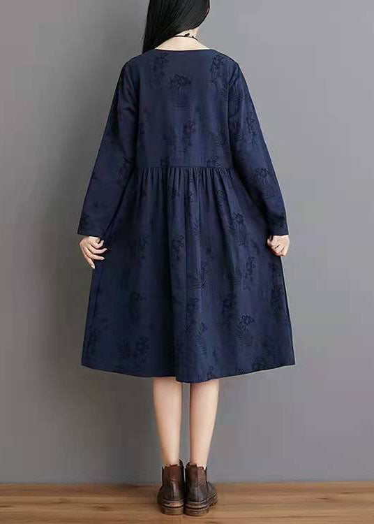 Simple Linen Clothes Jacquard Pleat Blue Linen Loose Dress