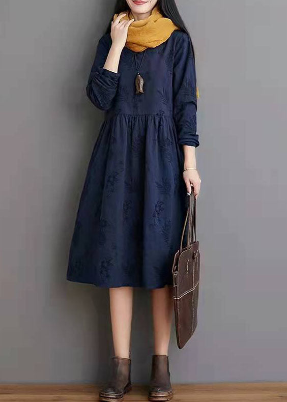 Simple Linen Clothes Jacquard Pleat Blue Linen Loose Dress