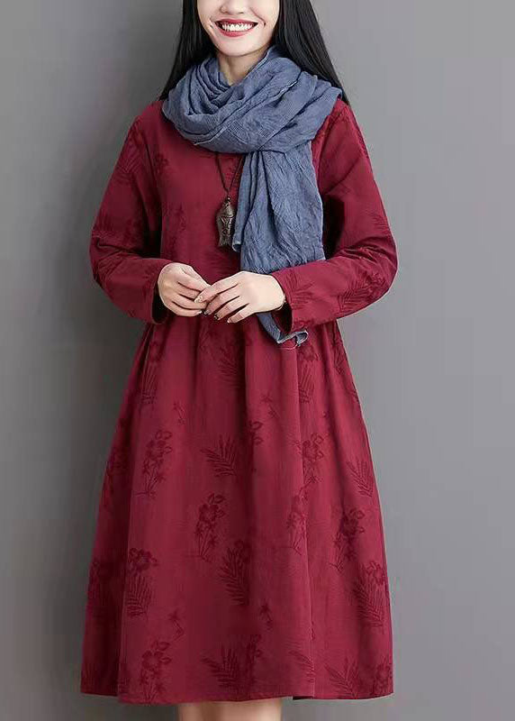Simple Linen Clothes Jacquard Pleat Blue Linen Loose Dress