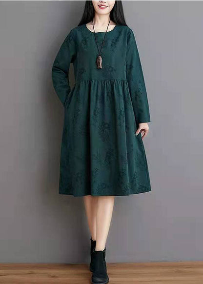 Simple Linen Clothes Jacquard Pleat Blue Linen Loose Dress
