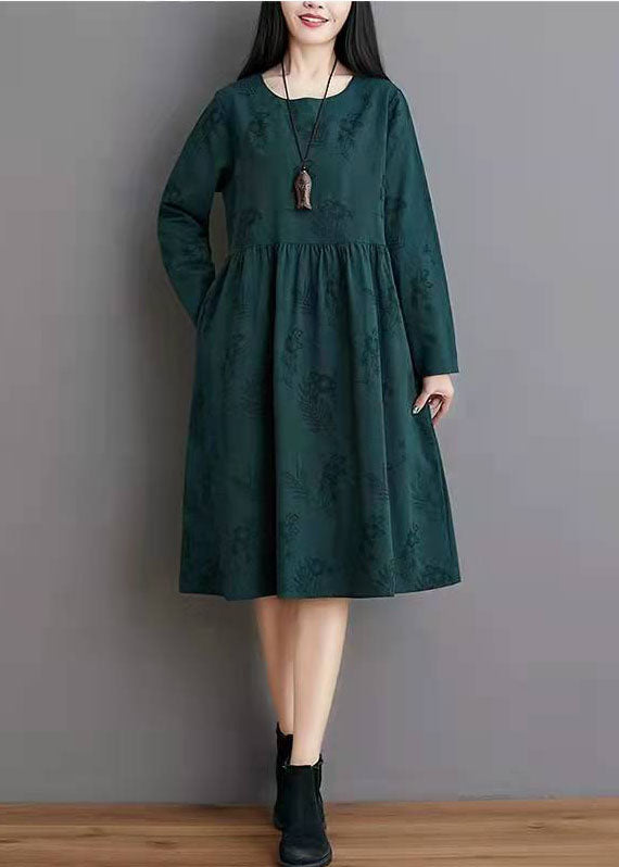 Simple Linen Clothes Jacquard Pleat Blue Linen Loose Dress
