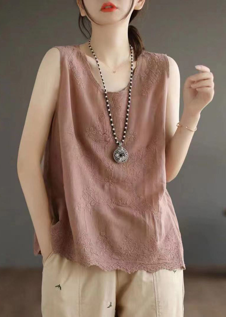 Skin Pink Embroideried Cotton Vest Sleeveless