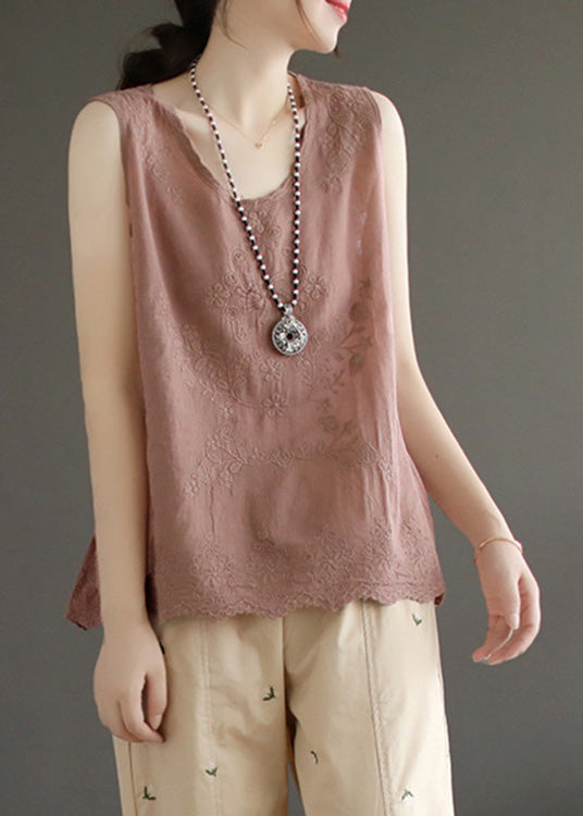 Skin Pink Embroideried Cotton Vest Sleeveless
