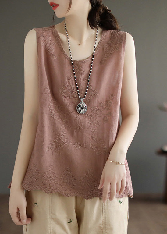 Skin Pink Embroideried Cotton Vest Sleeveless