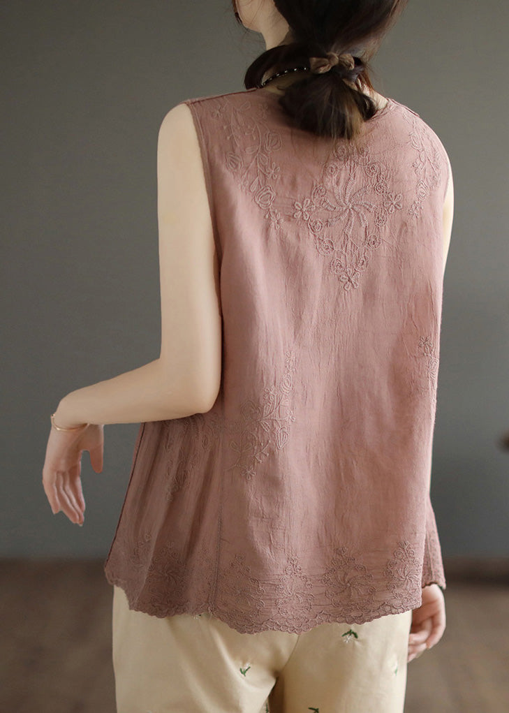 Skin Pink Embroideried Cotton Vest Sleeveless