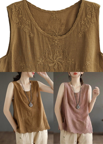 Skin Pink Embroideried Cotton Vest Sleeveless