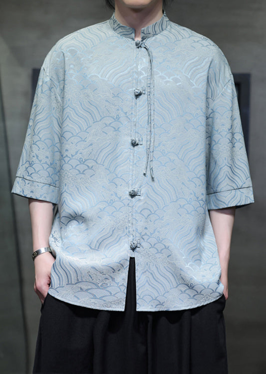 Sky Blue Button Ice Silk Shirt Stand Collar Half Sleeve