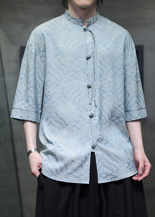 Sky Blue Button Ice Silk Shirt Stand Collar Half Sleeve