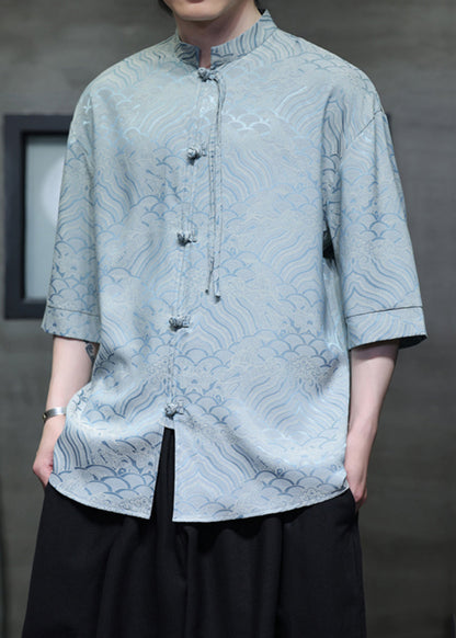 Sky Blue Button Ice Silk Shirt Stand Collar Half Sleeve