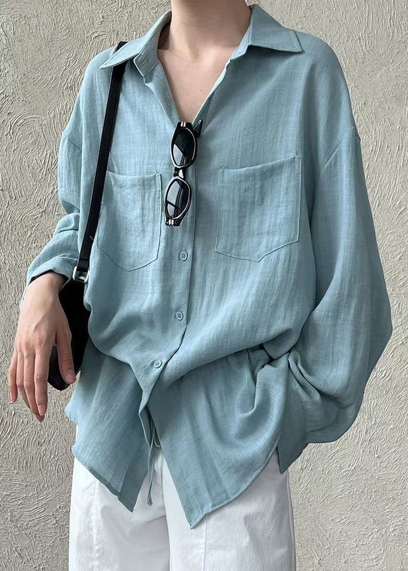 Sky Blue Oversized Cotton Top Drawstring Pockets Spring