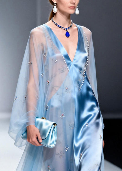 Sky Blue Patchwork Chiffon Party Dress Handmade Zircon Summer