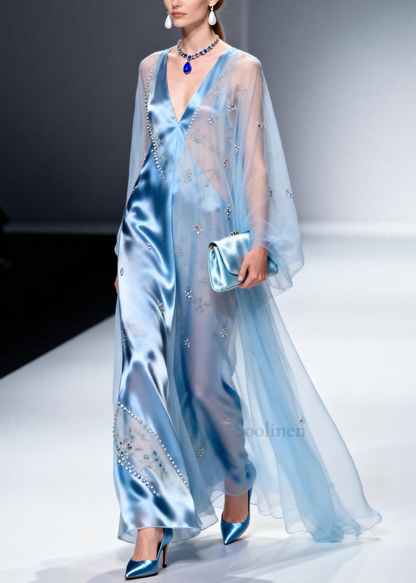 Sky Blue Patchwork Chiffon Party Dress Handmade Zircon Summer