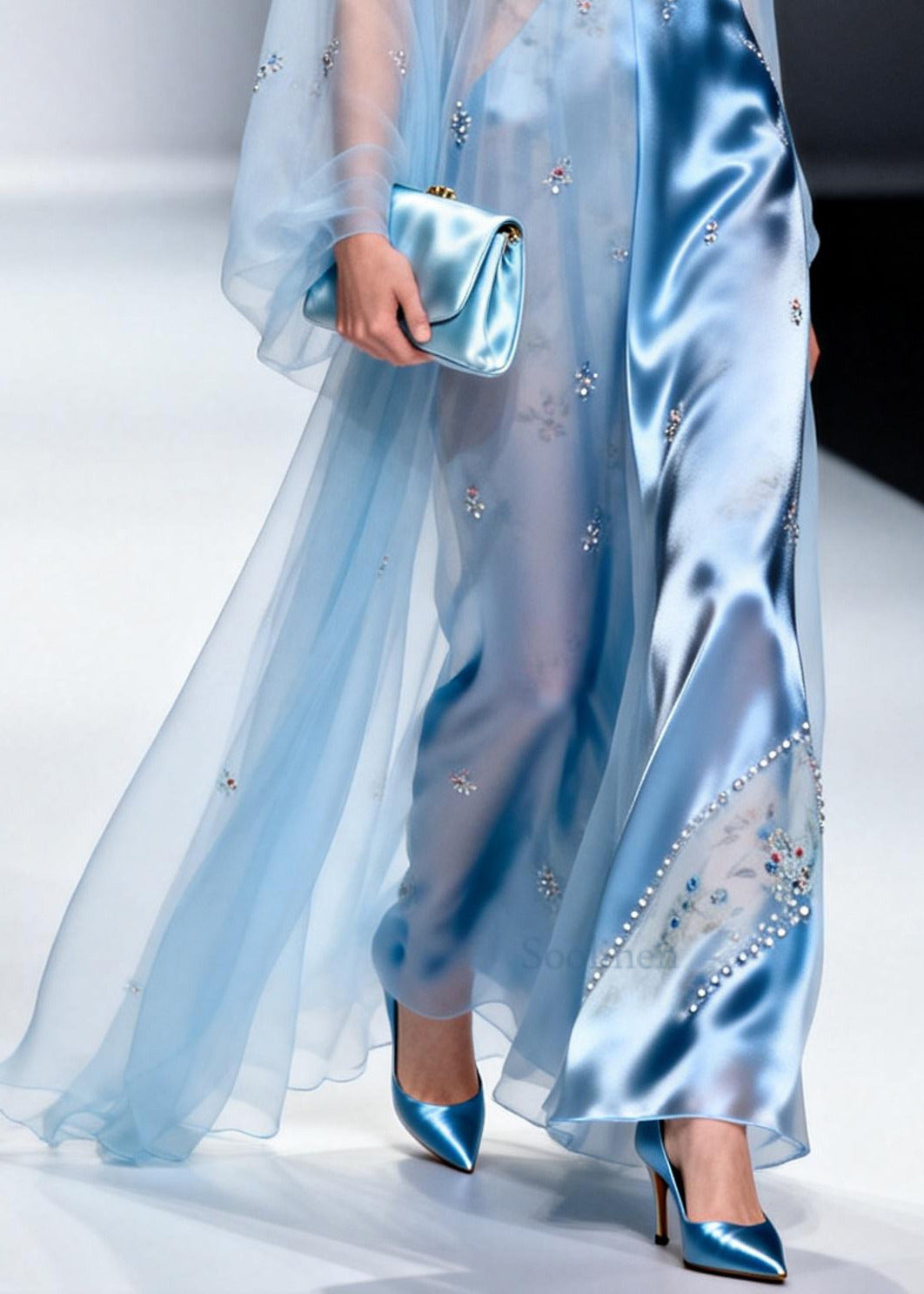 Sky Blue Patchwork Chiffon Party Dress Handmade Zircon Summer
