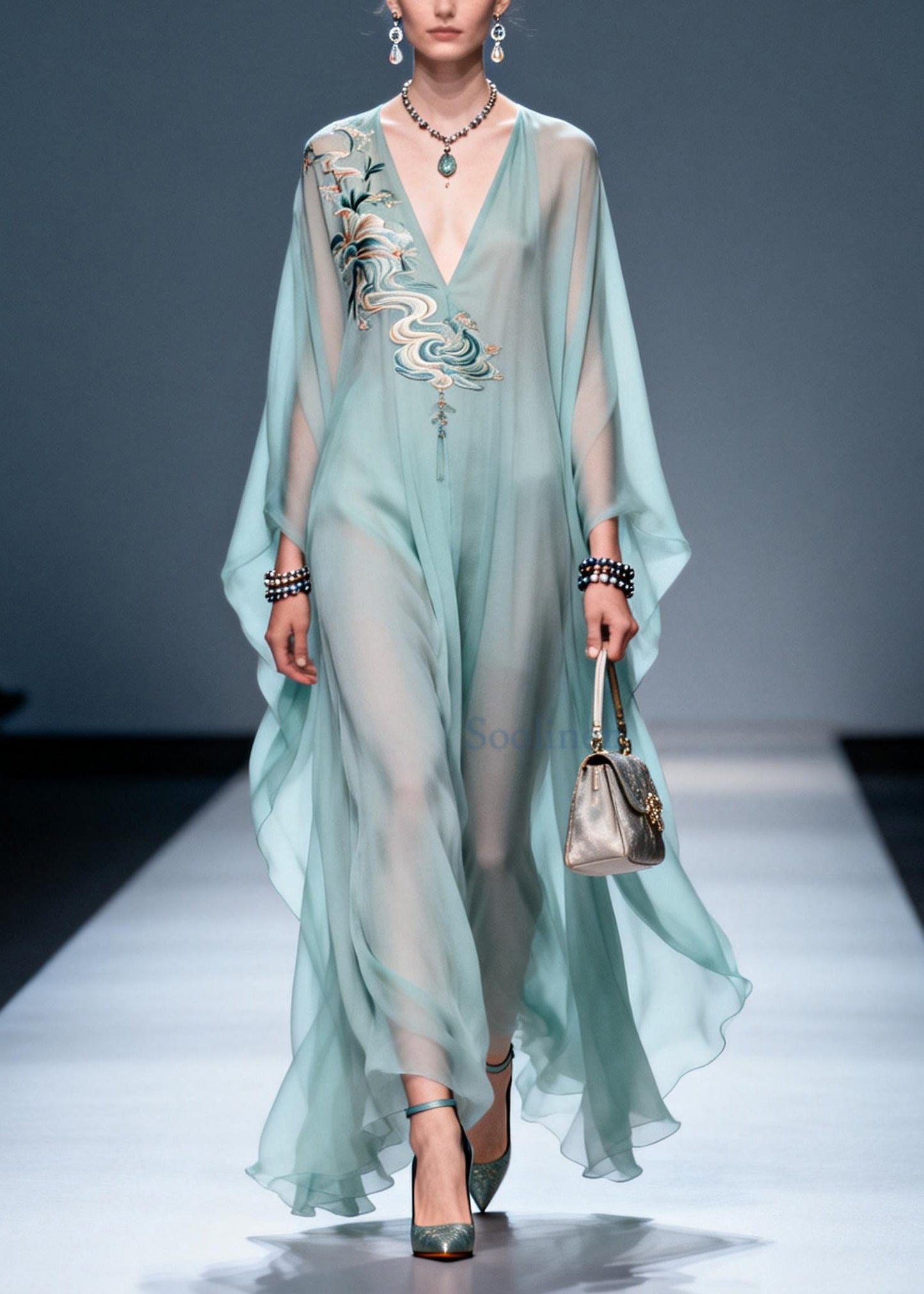 Sky Blue Print Chiffon a Line Dresses Oversized Summer