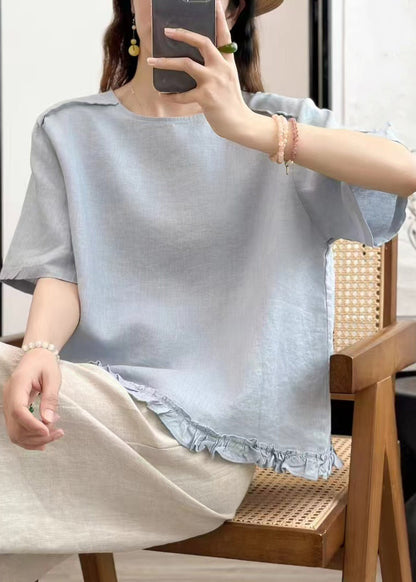 Sky Blue Wear on Both Sides Linen Summer Blouse Ruffled