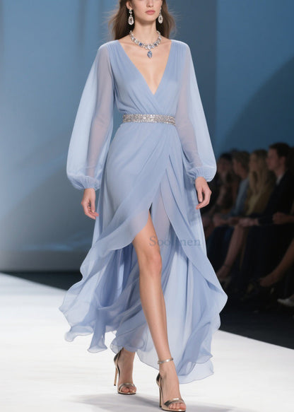 Sky Blue Wrinkled Low High Design Long Dresses V Neck