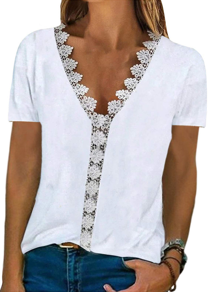 Sleeve Comfortable Lace V-neck Print T Shirt White