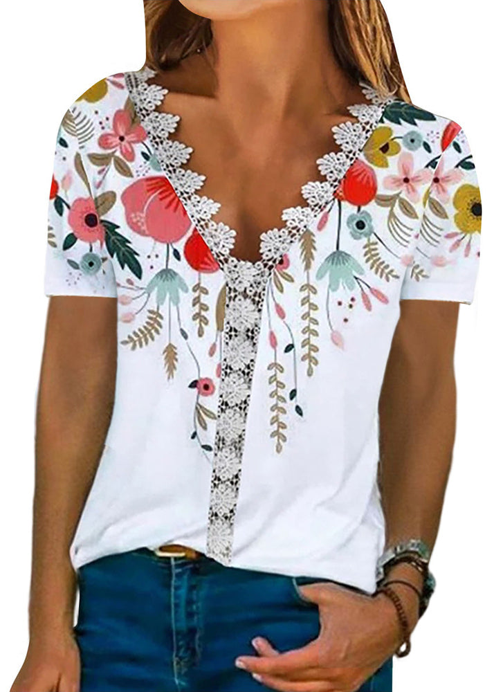 Sleeve Comfortable Lace V-neck Print T Shirt White