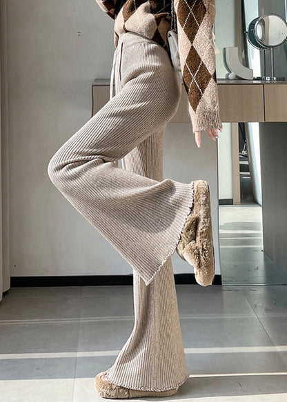 Slim Fit Apricot Drawstring Knit Flared Ttrousers Spring