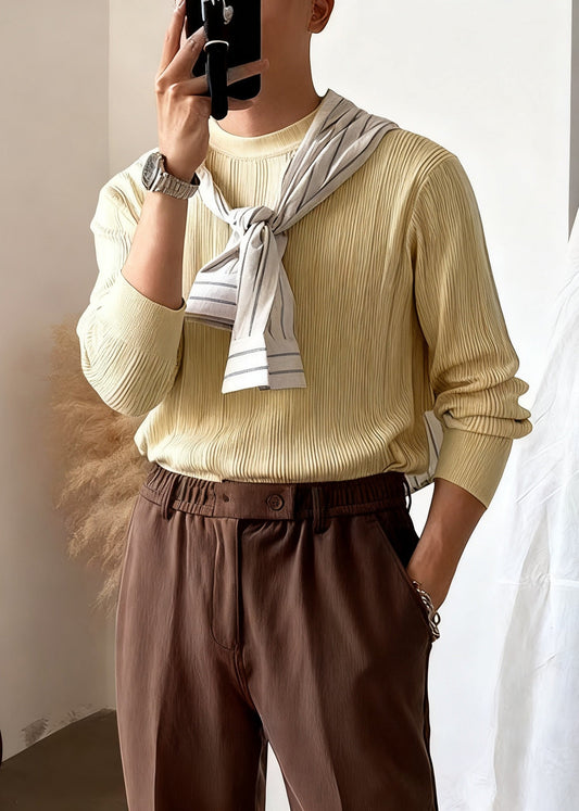 Slim Fit Apricot O Neck Striped Knit Sweater Winter