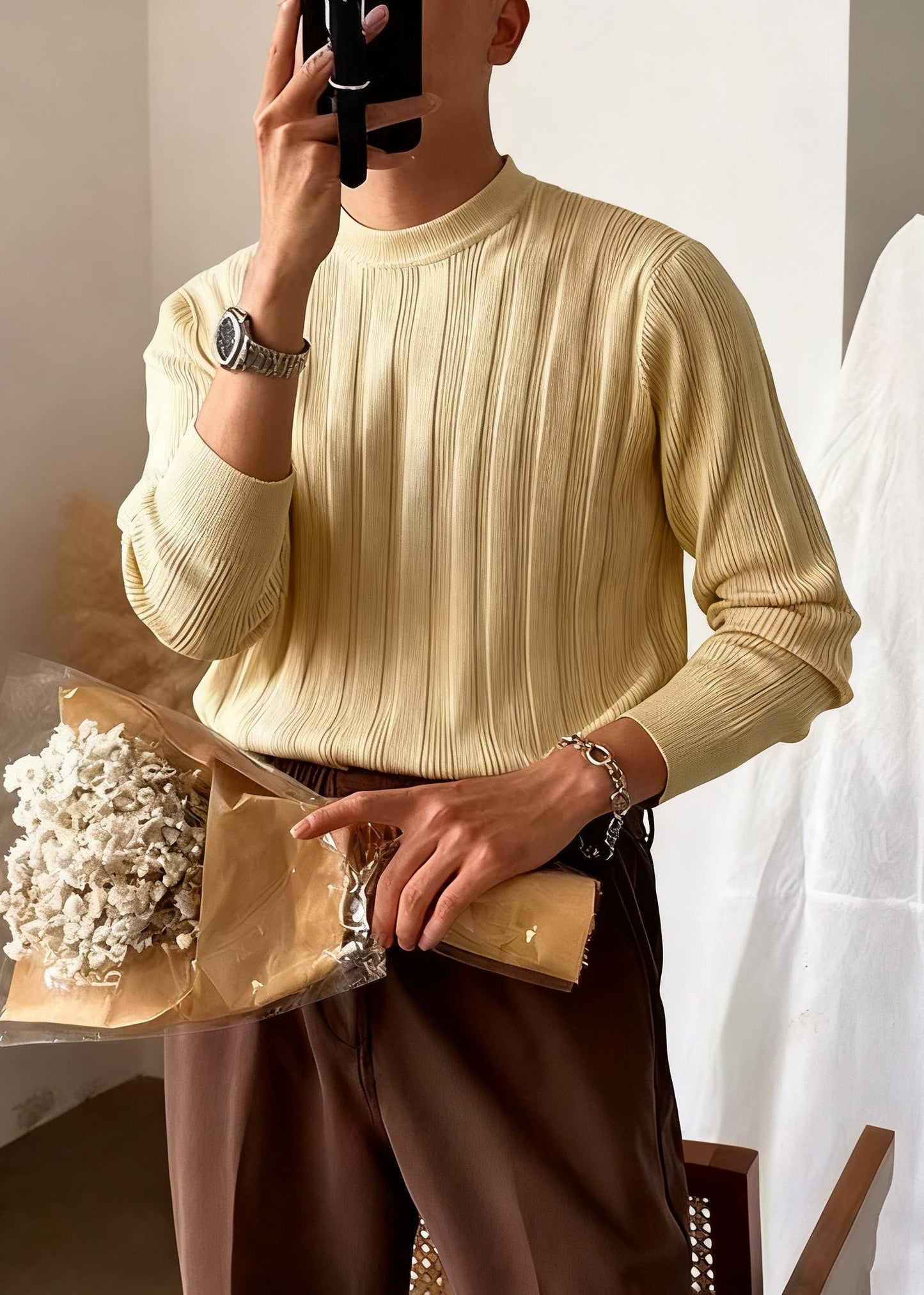 Slim Fit Apricot O Neck Striped Knit Sweater Winter