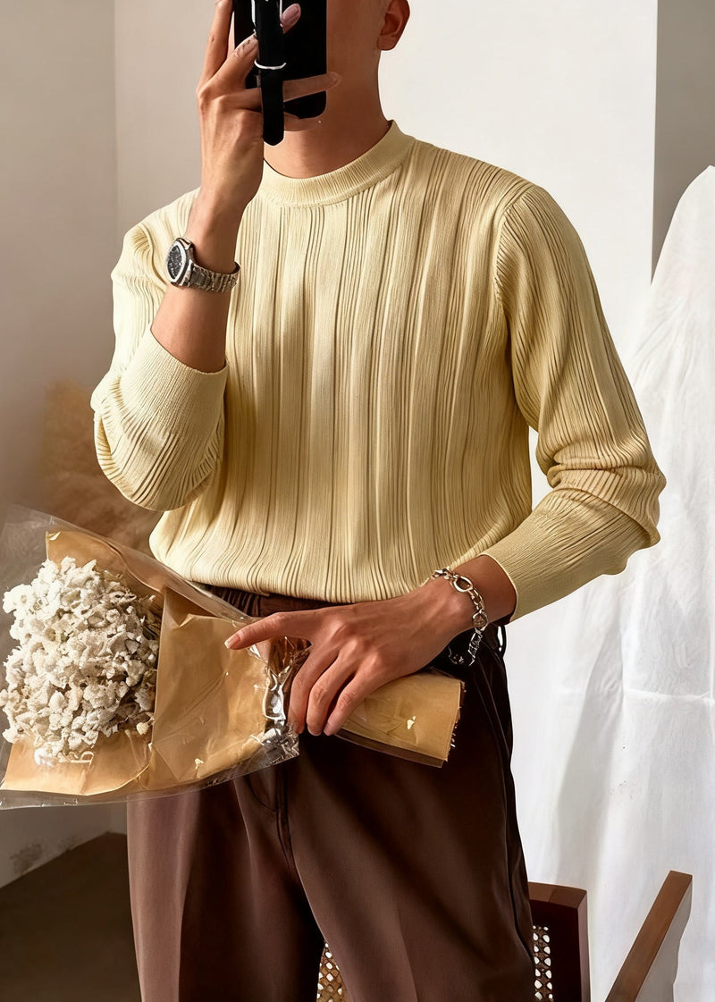 Slim Fit Apricot O Neck Striped Knit Sweater Winter