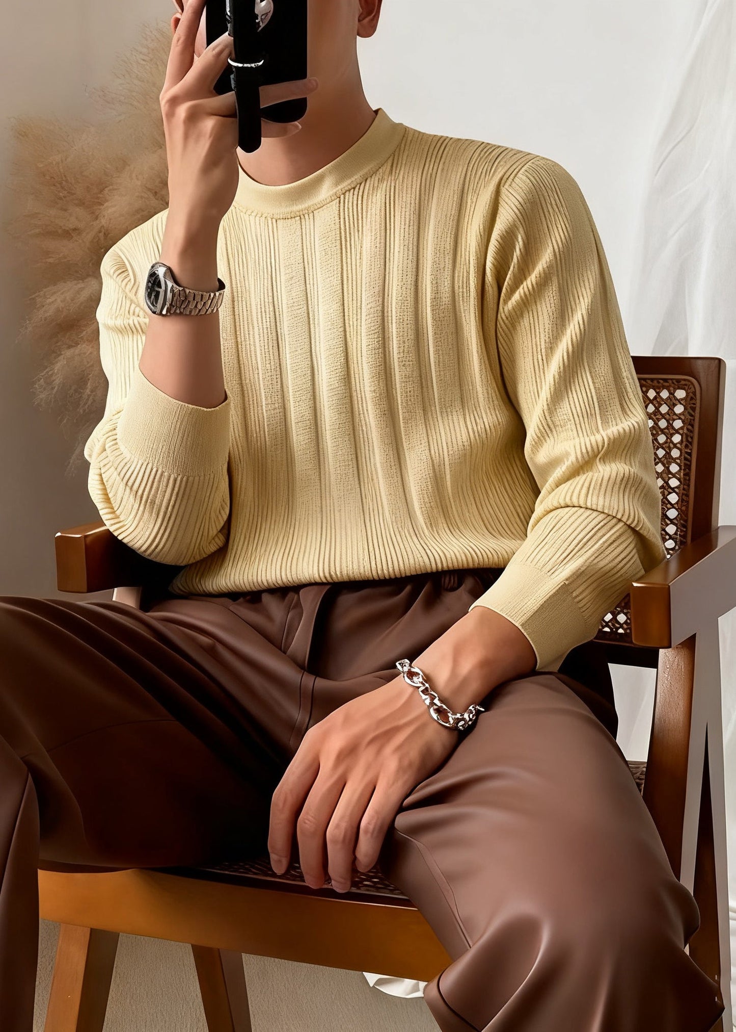 Slim Fit Apricot O Neck Striped Knit Sweater Winter