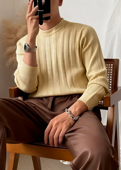 Slim Fit Apricot O Neck Striped Knit Sweater Winter