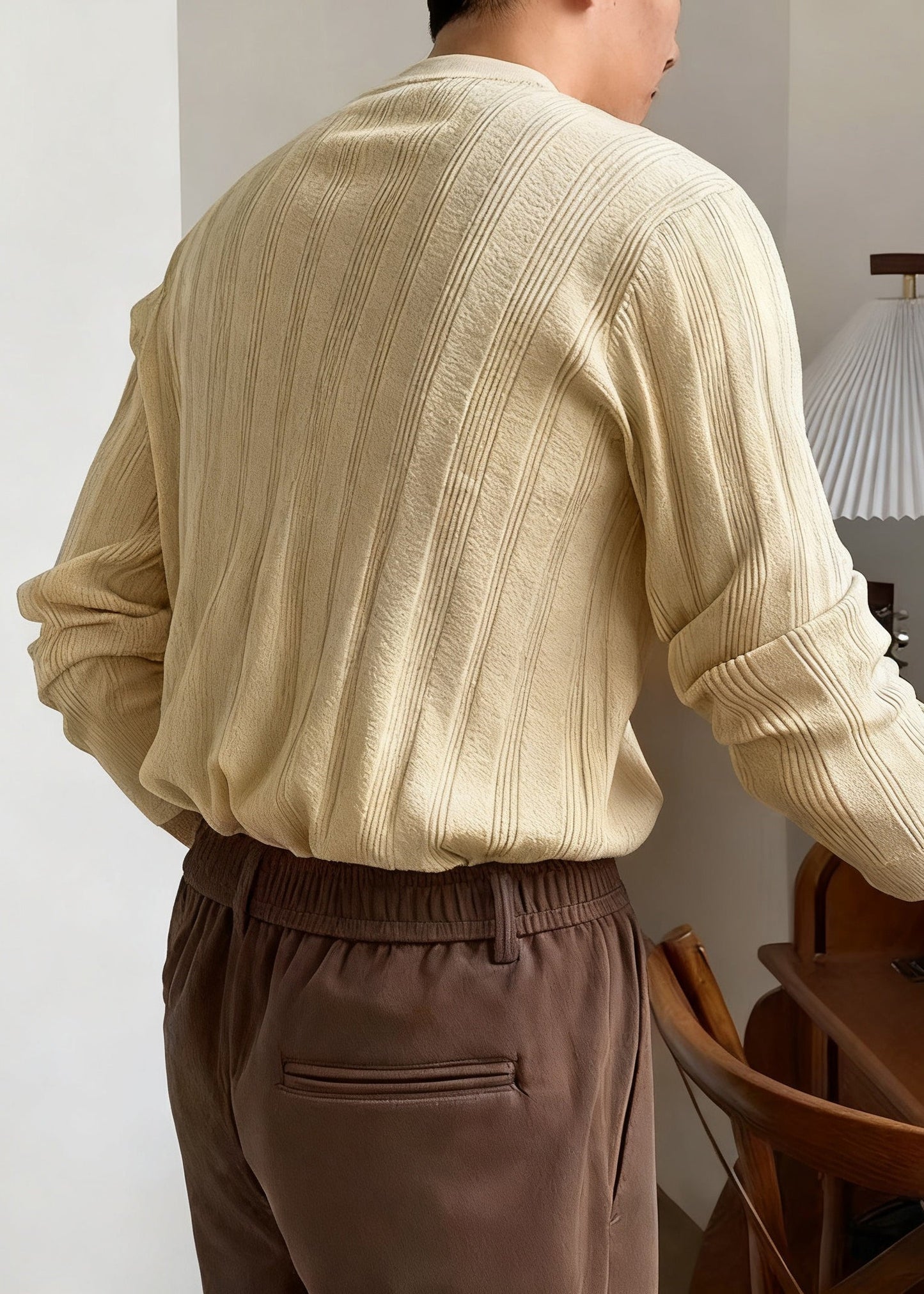 Slim Fit Apricot O Neck Striped Knit Sweater Winter