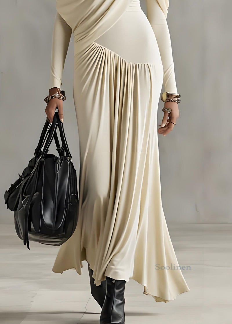 Slim Fit Apricot Wrinkled Cotton Long Dresses Spring