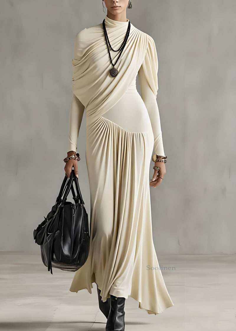 Slim Fit Apricot Wrinkled Cotton Long Dresses Spring