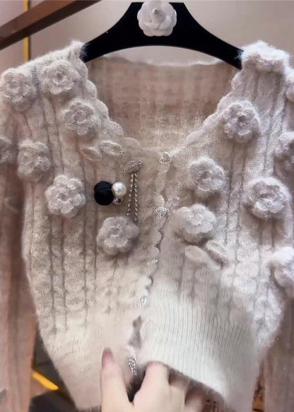 Slim Fit Beige Button Patchwork Knit Sweaters Winter