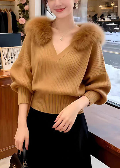Slim Fit Beige Fur Collar Knit Sweater Tops Winter