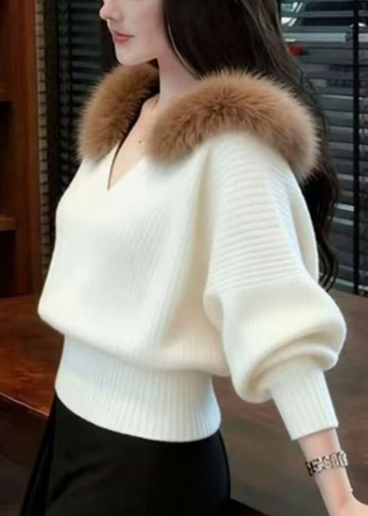 Slim Fit Beige Fur Collar Knit Sweater Tops Winter