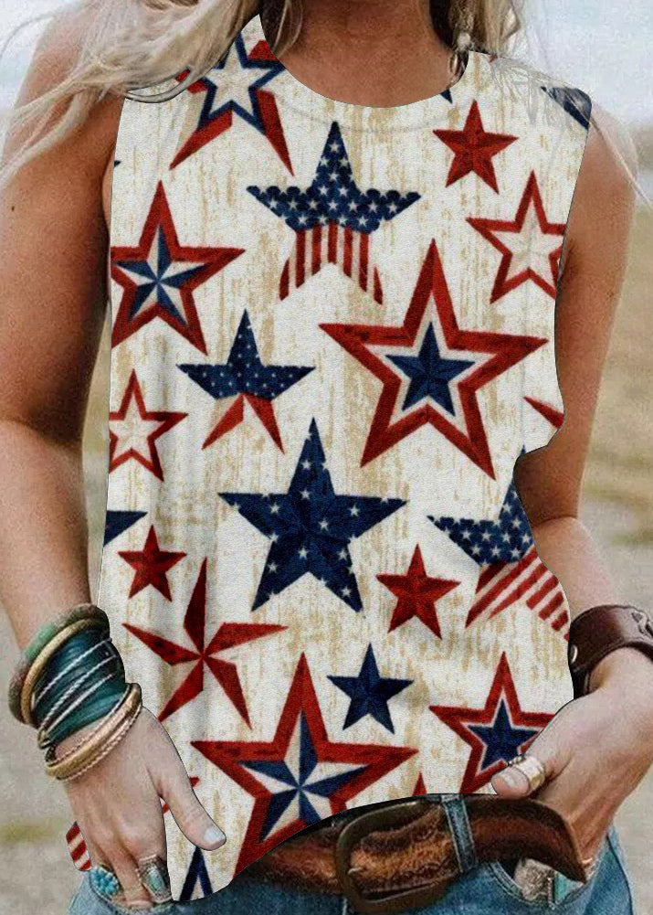 Slim Fit Beige O-neck Independence Day Print Cotton Tank Top Summer