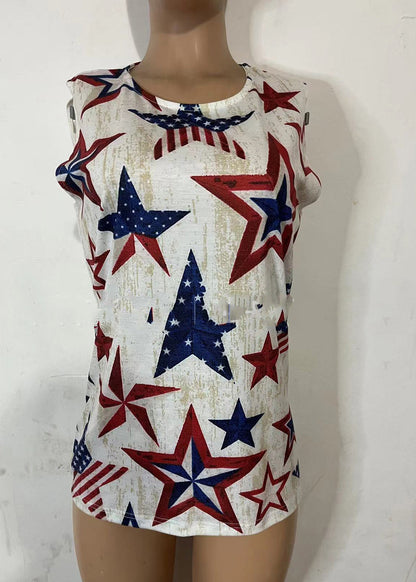 Slim Fit Beige O-neck Independence Day Print Cotton Tank Top Summer