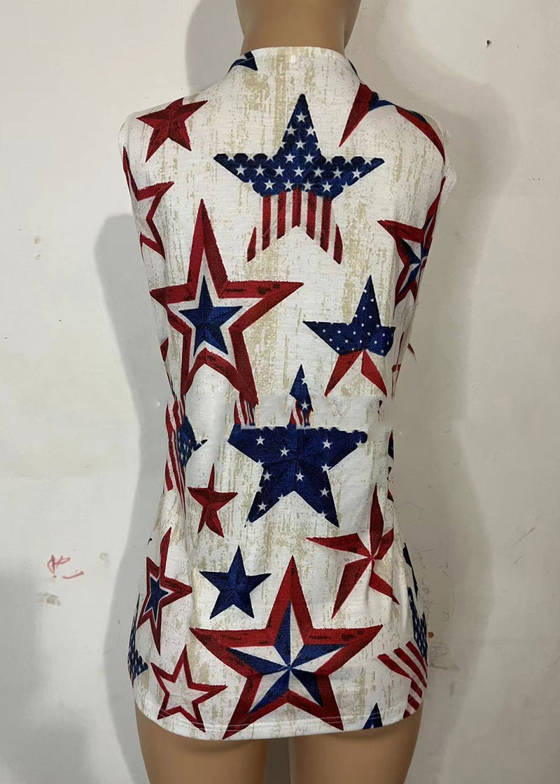 Slim Fit Beige O-neck Independence Day Print Cotton Tank Top Summer