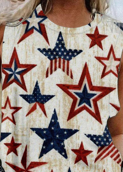 Slim Fit Beige O-neck Independence Day Print Cotton Tank Top Summer