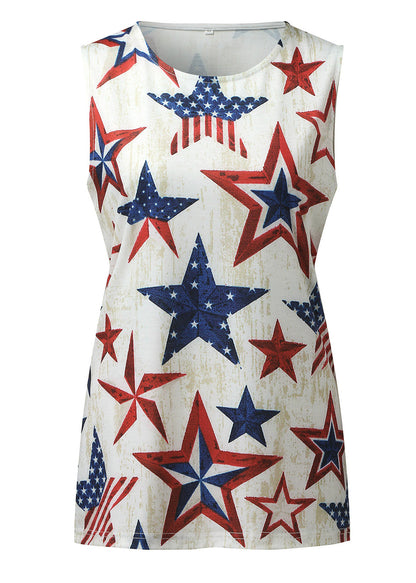 Slim Fit Beige O-neck Independence Day Print Cotton Tank Top Summer