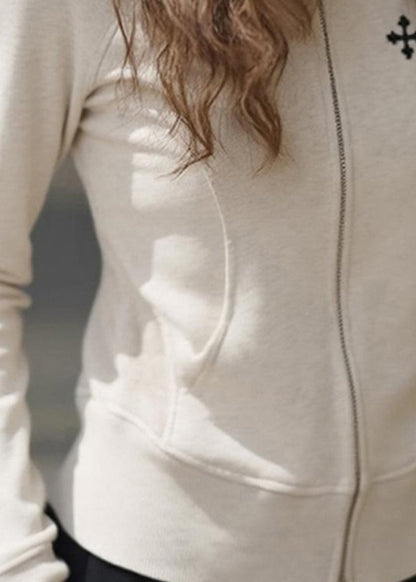 Slim Fit Beige O-neck Zip Up Patchwork Cotton Coats Fall