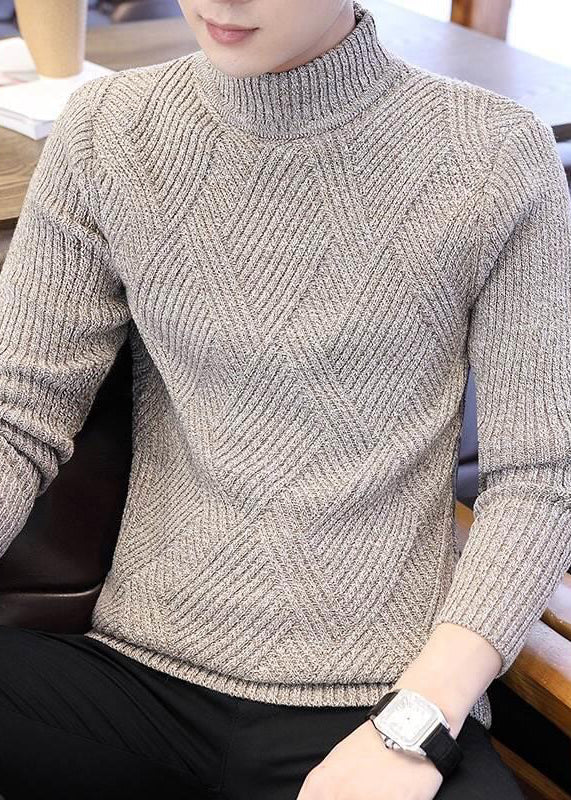 Slim Fit Beige Plaid Knit Sweaters Winter