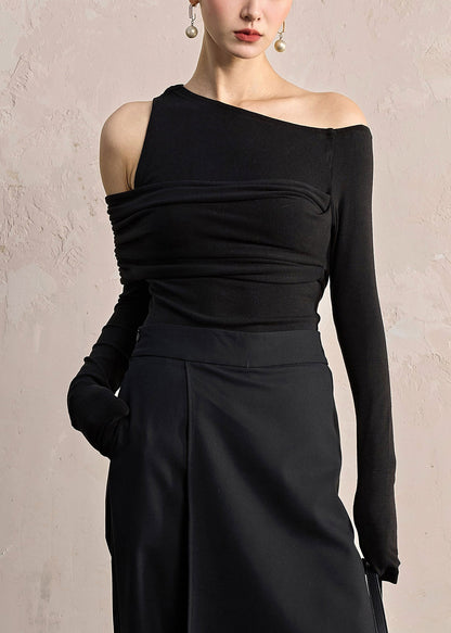 Slim Fit Black Asymmetrical Solid Cotton T Shirt Fall