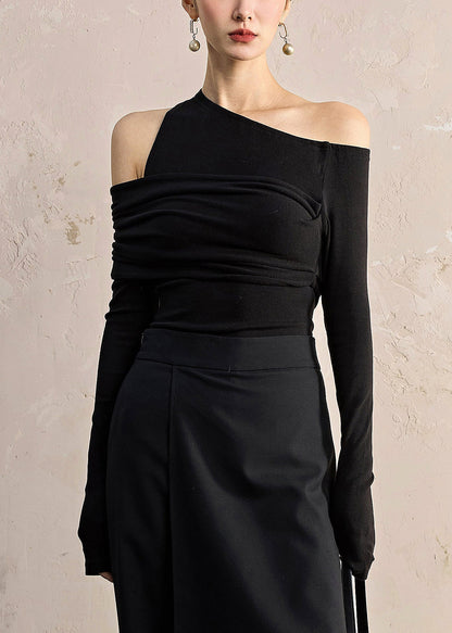 Slim Fit Black Asymmetrical Solid Cotton T Shirt Fall