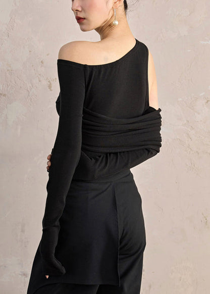 Slim Fit Black Asymmetrical Solid Cotton T Shirt Fall