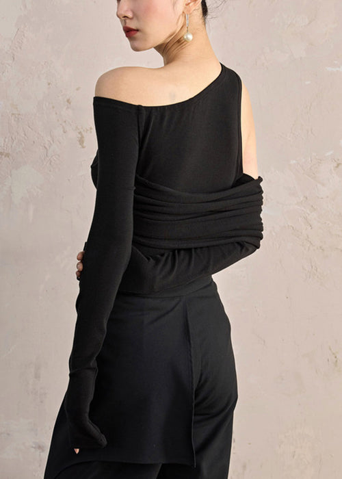 Slim Fit Black Asymmetrical Cotton T Shirt Fall