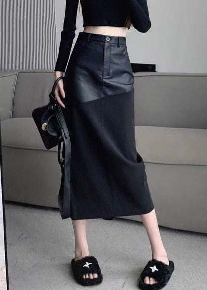 Slim Fit Black Back Side Open Faux Leather Patchwork Skirts Summer